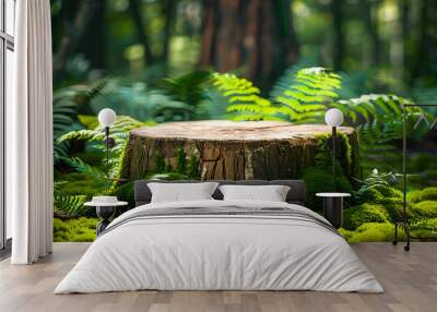 Wooden stump cut saw in the forest with green moss and ferns.  Wall mural